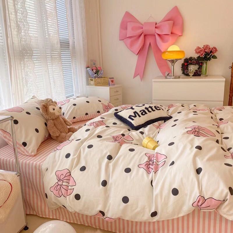 Bộ Chăn Ga Gối Cotton Living 100%cotton Hàng Nhập Khẩu Cao Cấp 4 Món Nơ Chấm Bi