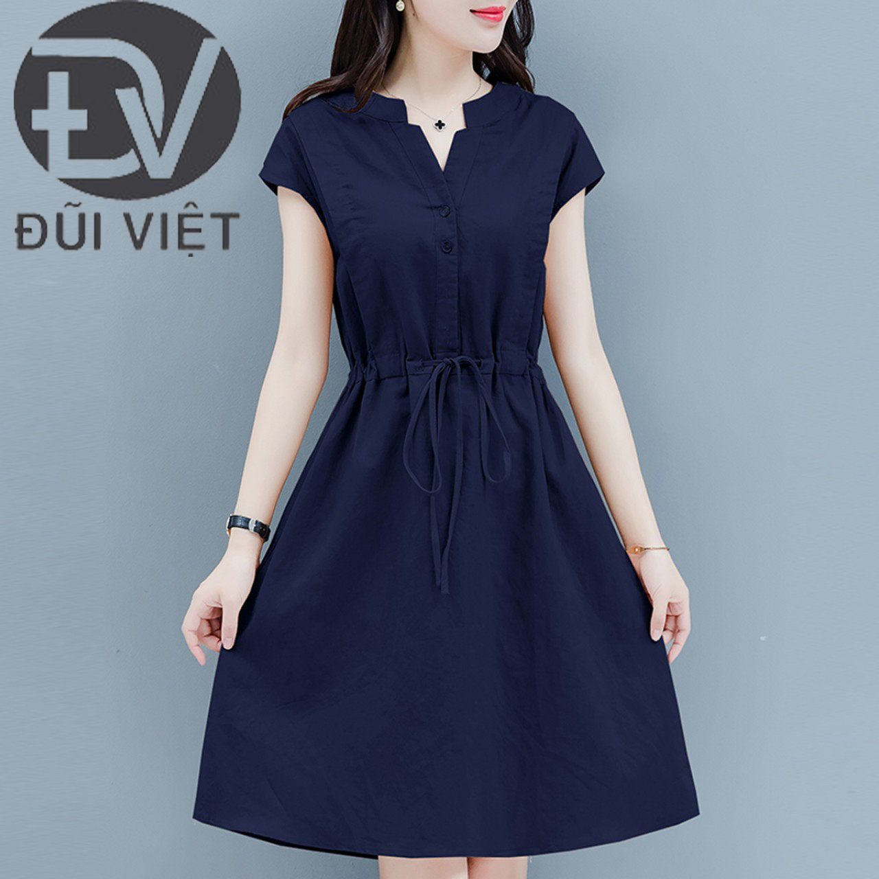Đầm Linen nữ cổ V rút eo 2 túi phong cách công sở Đũi Việt Dv160