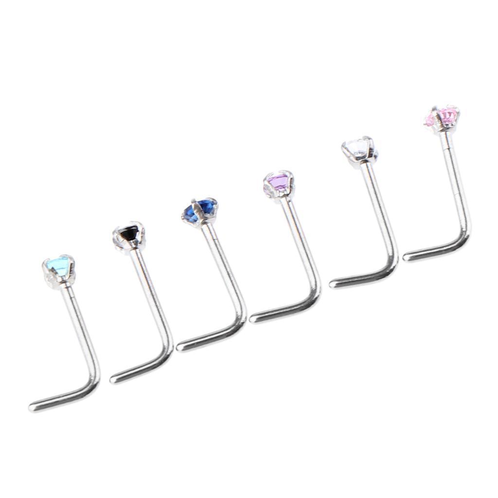2-7pack 6 Pieces Stainless Steel L Shaped Nose Stud Rings Bar Body Piercing 20g