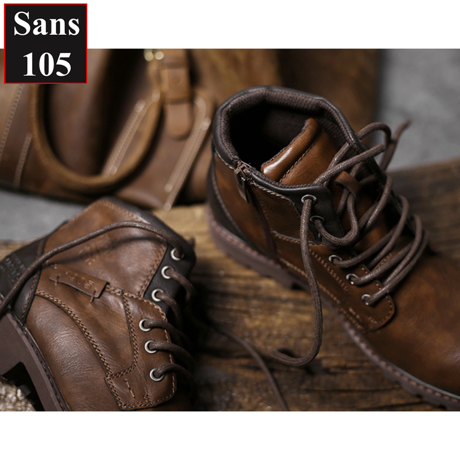 Giày boot nam martin boots Sans105 da bò thật big size 48 47 46 45 44 43 giầy cổ cao đen nâu đẹp bốt độn đế 6cm