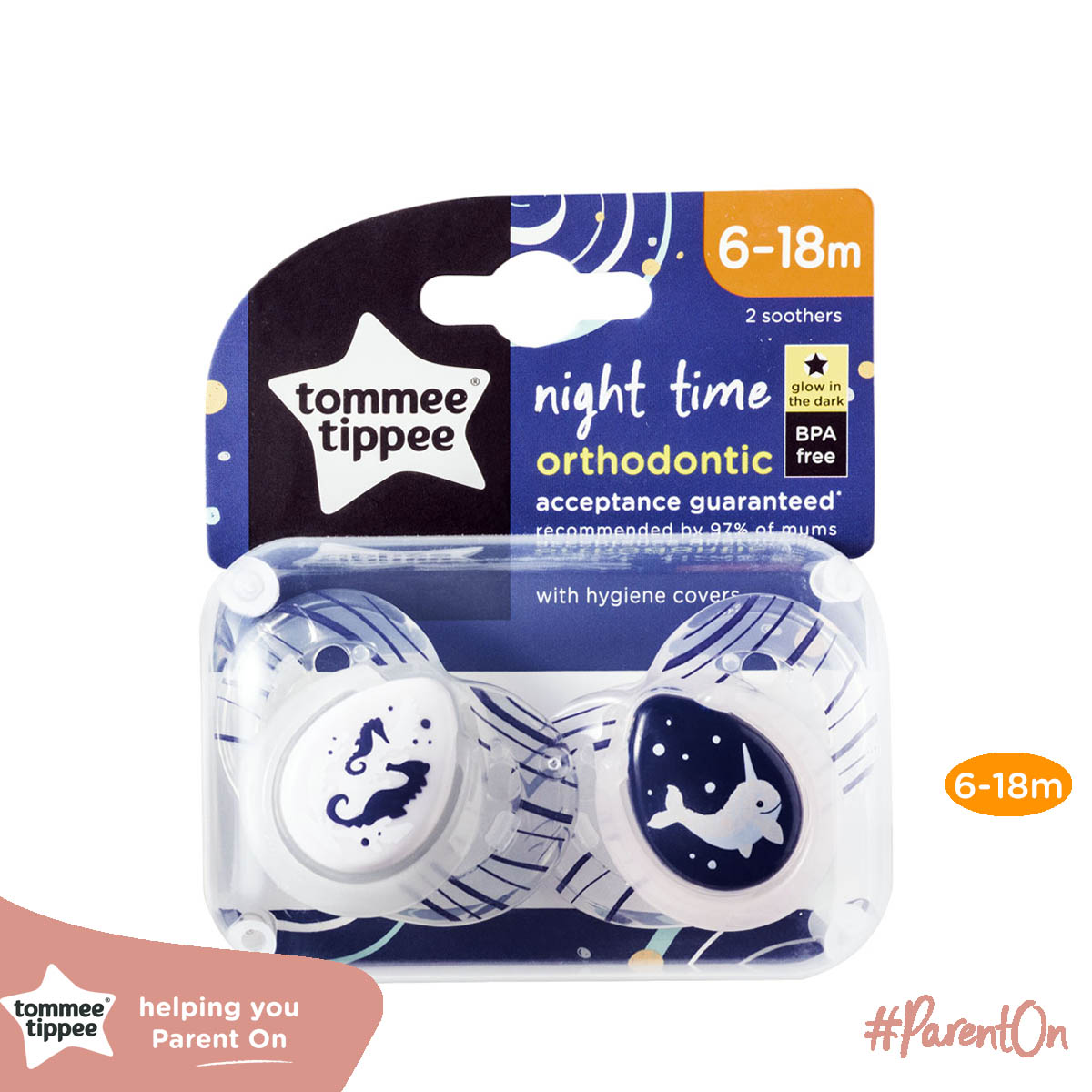 Ty ngậm dạ quang cho bé Tommee Tippee Night Time 6-18 tháng (vỉ đôi) - Cá Ngựa