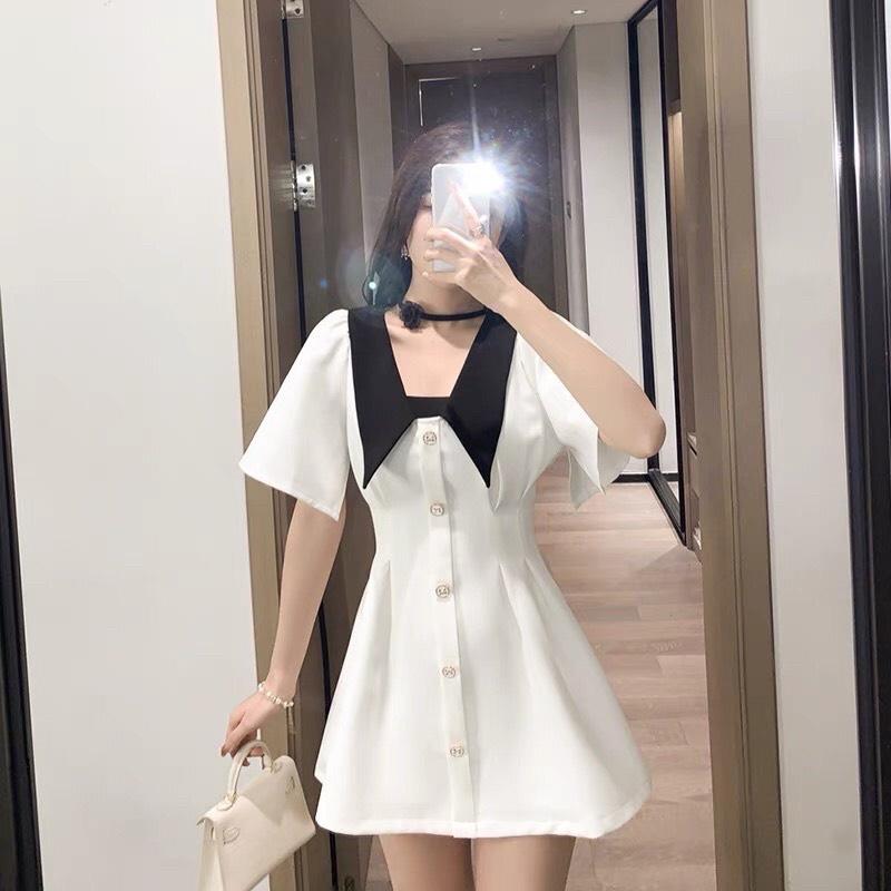 Váy Nữ Đầm Nữ Xòe Tiểu Thư Cổ V Bèo Tay Phồng Cài Nút Siêu Xinh Phù Hợp Mọi Phong Cách