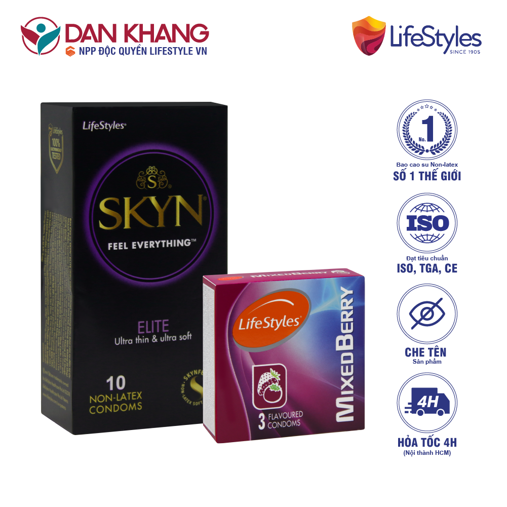 Combo Bao Cao Su SKYN Elite Non-latex 10 bao + 1 Hộp Bao Cao Su LifeStyles Mixed Berry 3 bao