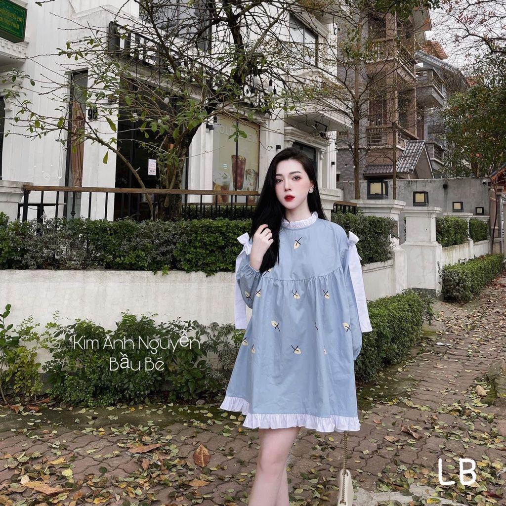 Đầm nữ Babydoll Xanh Vai Nơ Dài Tay Phối Viền Mặc đi làm du lịch đi chơi Q093