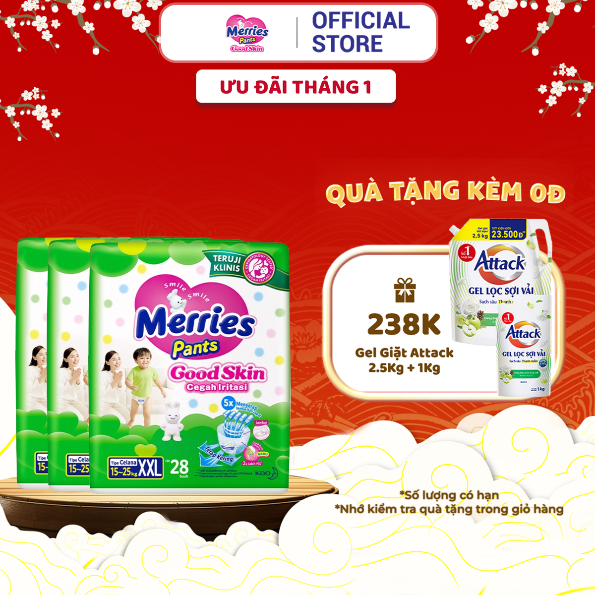 Combo 2 Tã quần Merries Goodskin đủ size M50/L44/XL38/XXL28