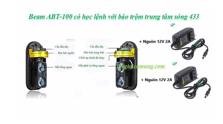 Beam Hàng Rào Hồng Ngoại Báo Động Chống Trộm 2 Tia ABT 100 phát sóng 433