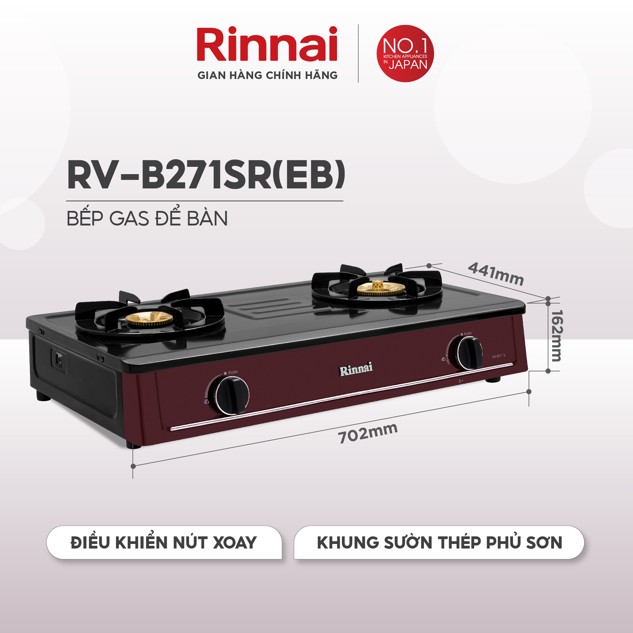 Bếp gas dương Rinnai RV-B271SR(EB) mặt bếp men và kiềng bếp men - Hàng chính hãng.