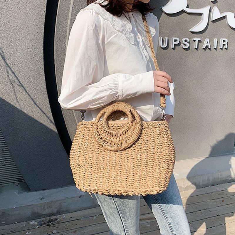 Phụ Nữ Mùa Hè Ống Hút Túi Xách Đi Biển Thủ Công Thời Raffia Vòng Tròn Mây Túi Bohemian Giày Đan Giỏ Túi