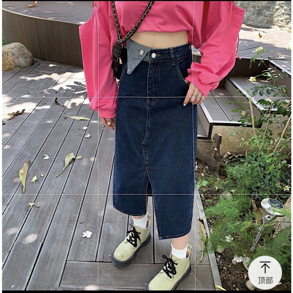 Chân Váy Jeans Cạp Tam Giác Dáng Dài Chữ A Xẻ Giữa