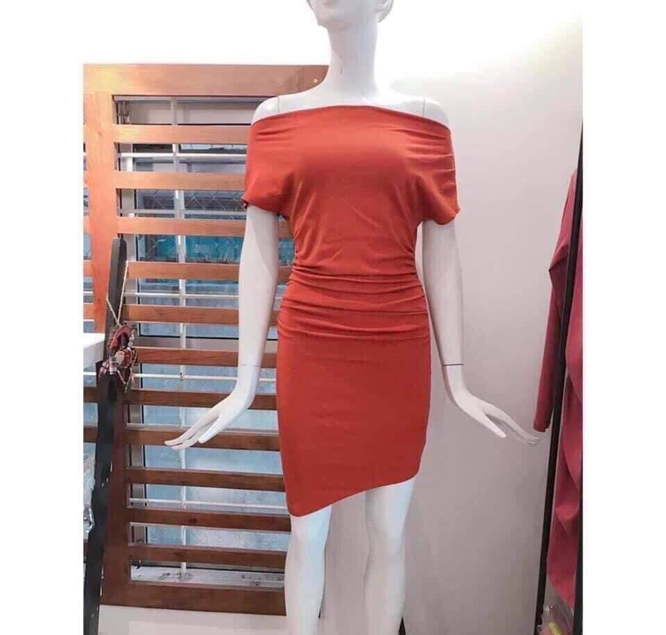 F567 Đầm ôm body trễ 1 bên vai, vạt xéo, nhúng eo