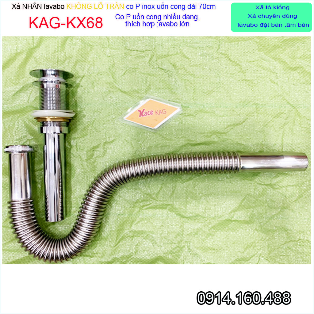 Bộ xả nước chậu rửa mặt KAG-KX68 không lỗ tràn, Xả lavabo kiếng ấn tay ống thải co P inox mềm có thể uốn bẻ chuyên dùng cho lavabo tủ