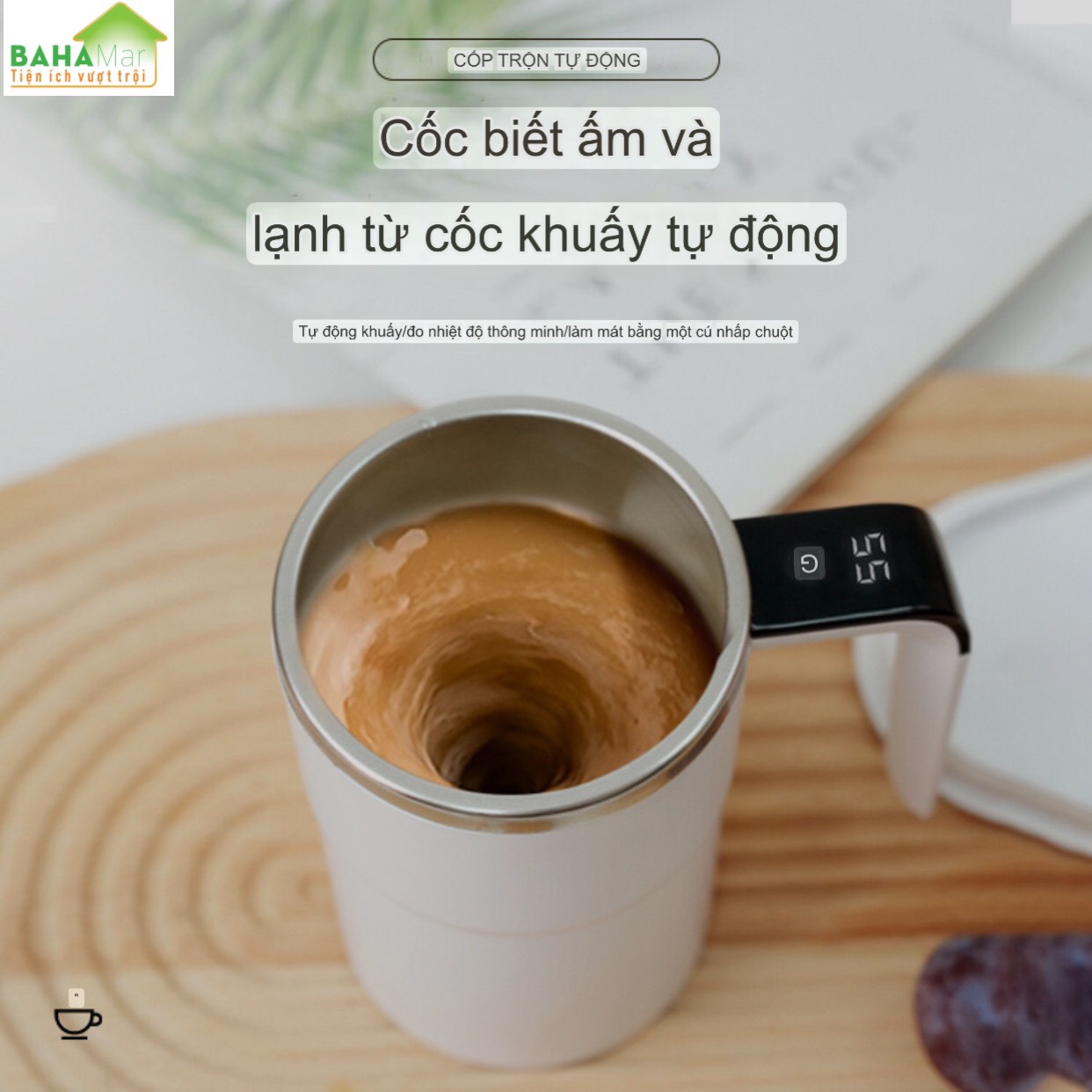 CỐC THÔNG MINH TỰ ĐỘNG KHUẤY TỪ TÍNH VÀ CẢM BIẾN ĐO NHIỆT ĐỘ DÙNG ĐA NĂNG &quot;BAHAMAR&quot; công suất mạnh trộn tốc độ cao giúp đồ uống không vón cục, rất mịn mượt có mànhình cảm ứng LCD hiển thị nhiệt độ