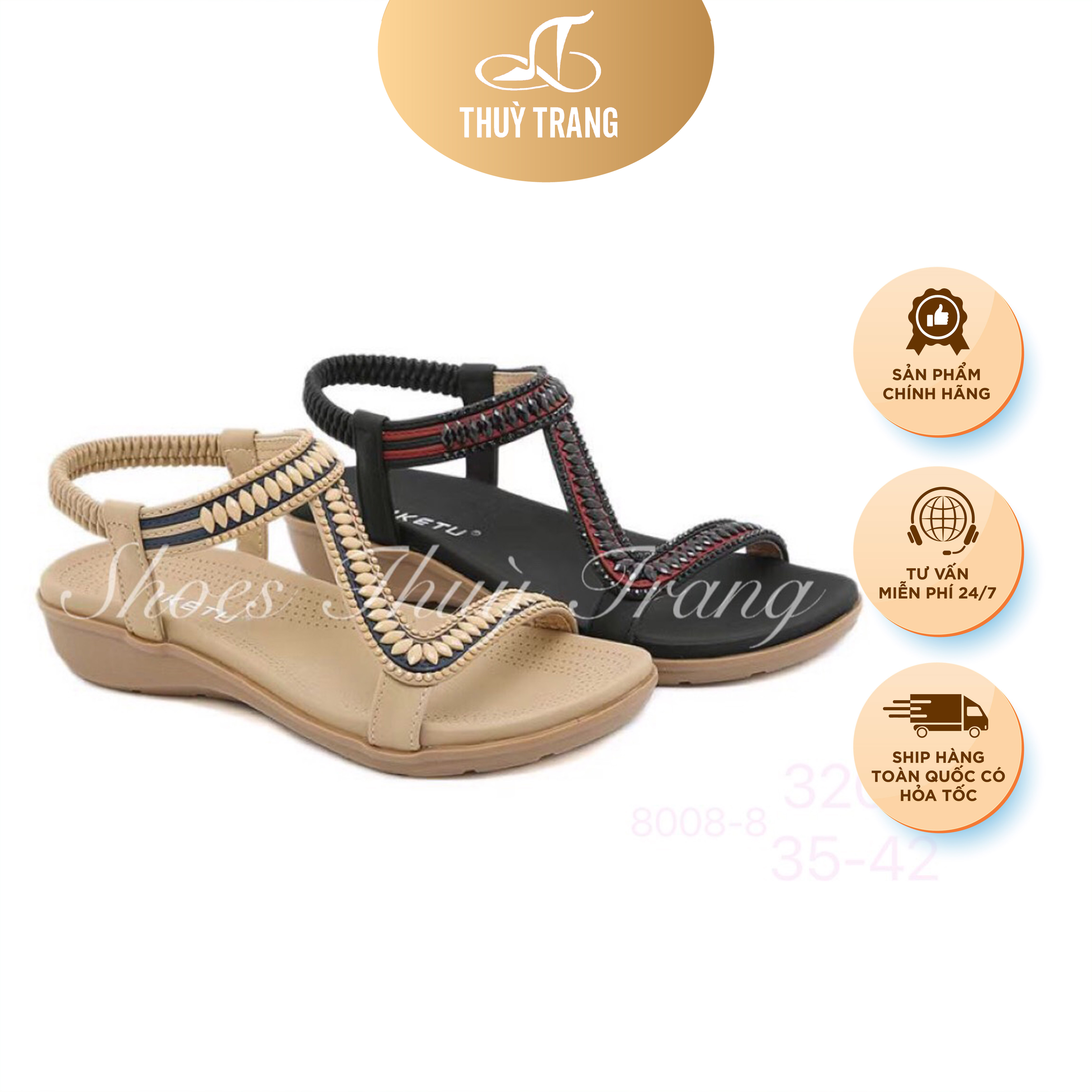 Sandal Nữ Quai chéo đính cườm, Đế cao 3cm - 2 màu - size 35-42