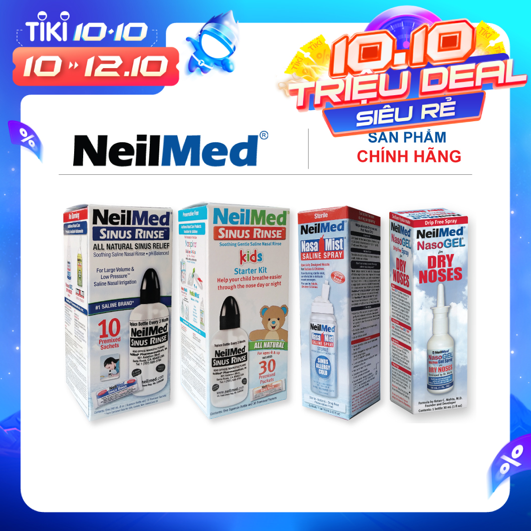 Combo Family: Bộ Xịt Rửa Vệ Sinh Mũi Xoang Toàn Diện Cho Cả Gia Đình NeilMed Sinus Rinse &amp; Moisturize - SX Mỹ(Bình + 10 gói muối người lớn, Bình + 30 gói muối trẻ em; 1 chai xịt phun sương 75ml cho bé; 1 chai xịt ngăn ngừa khô mũi, chảy máu cam)