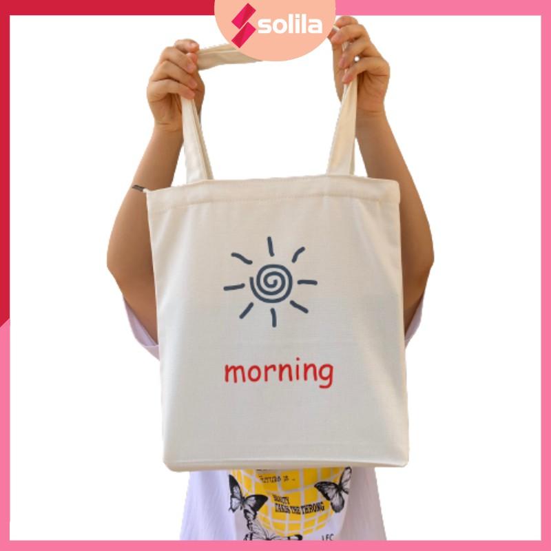 Túi tote vải canvas có khóa kéo miệng túi và túi phụ bên trong in hình Mặt Trời Morning mềm đẹp cho nam nữ đi học đi làm