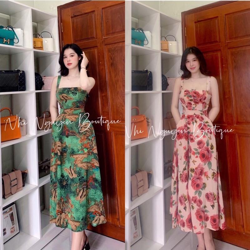 Đầm maxi hai dây hoạ tiết, hoa có túi hai bên chất mango cao cấp