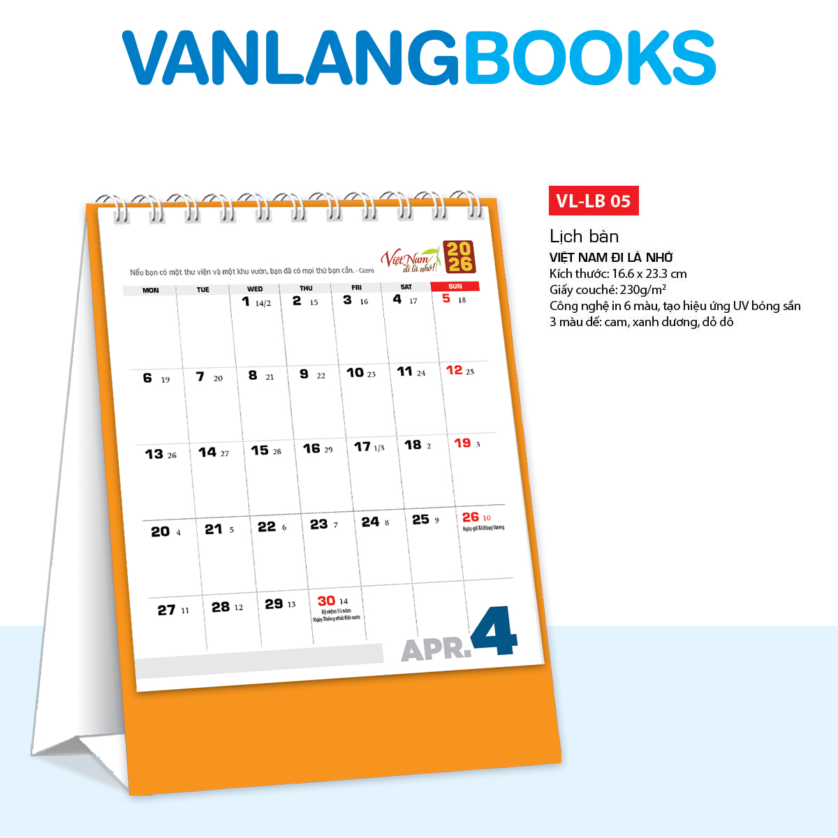 Lịch Bàn 2026 – Việt Nam Đi Là Nhớ | Lịch Để Bàn Vanlangbooks | Mã: VLLB05B - Màu Cam