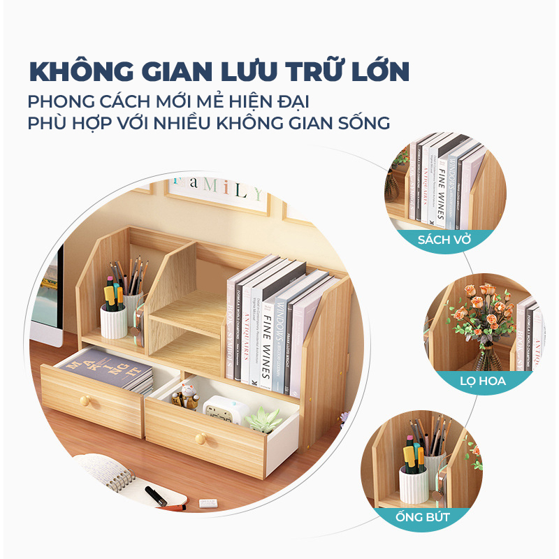 Kệ Sách Để Bàn Chữ H, Kèm 2 Ngăn Kéo Cao Cấp - Mẫu 7 - Dễ Lắp Ráp