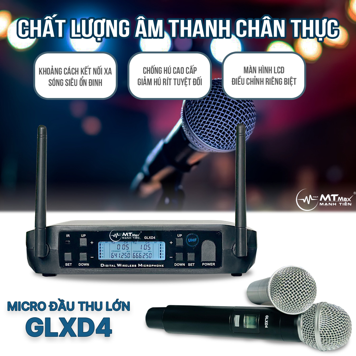 Micro Đầu Thu Lớn GLXD4 - Micro Karaoke Cao Cấp, Hút Âm Tốt, Bắt Sóng Xa Ổn Định, Chống Hú Tuyệt Đối, Điều Chỉnh Riêng Biệt Hàng Chính Hãng