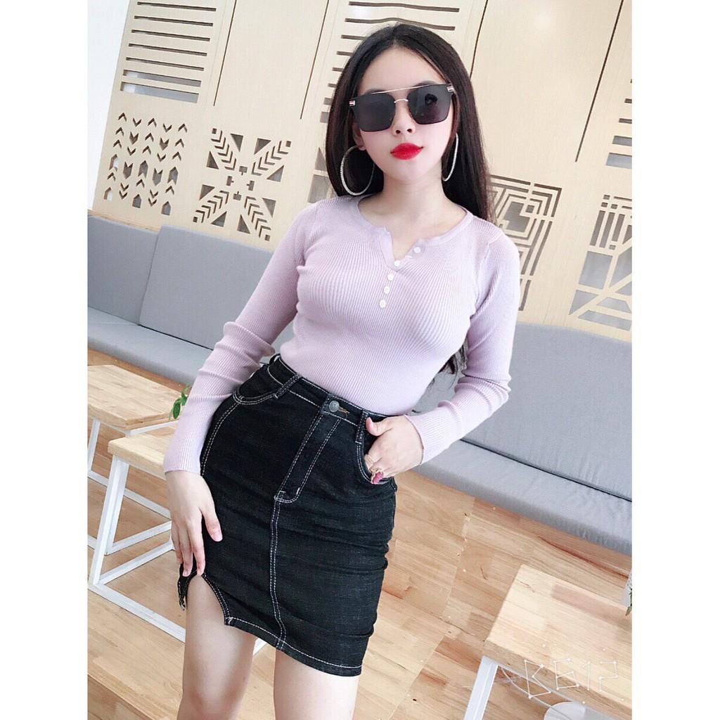 Áo len cổ V cúc ngực