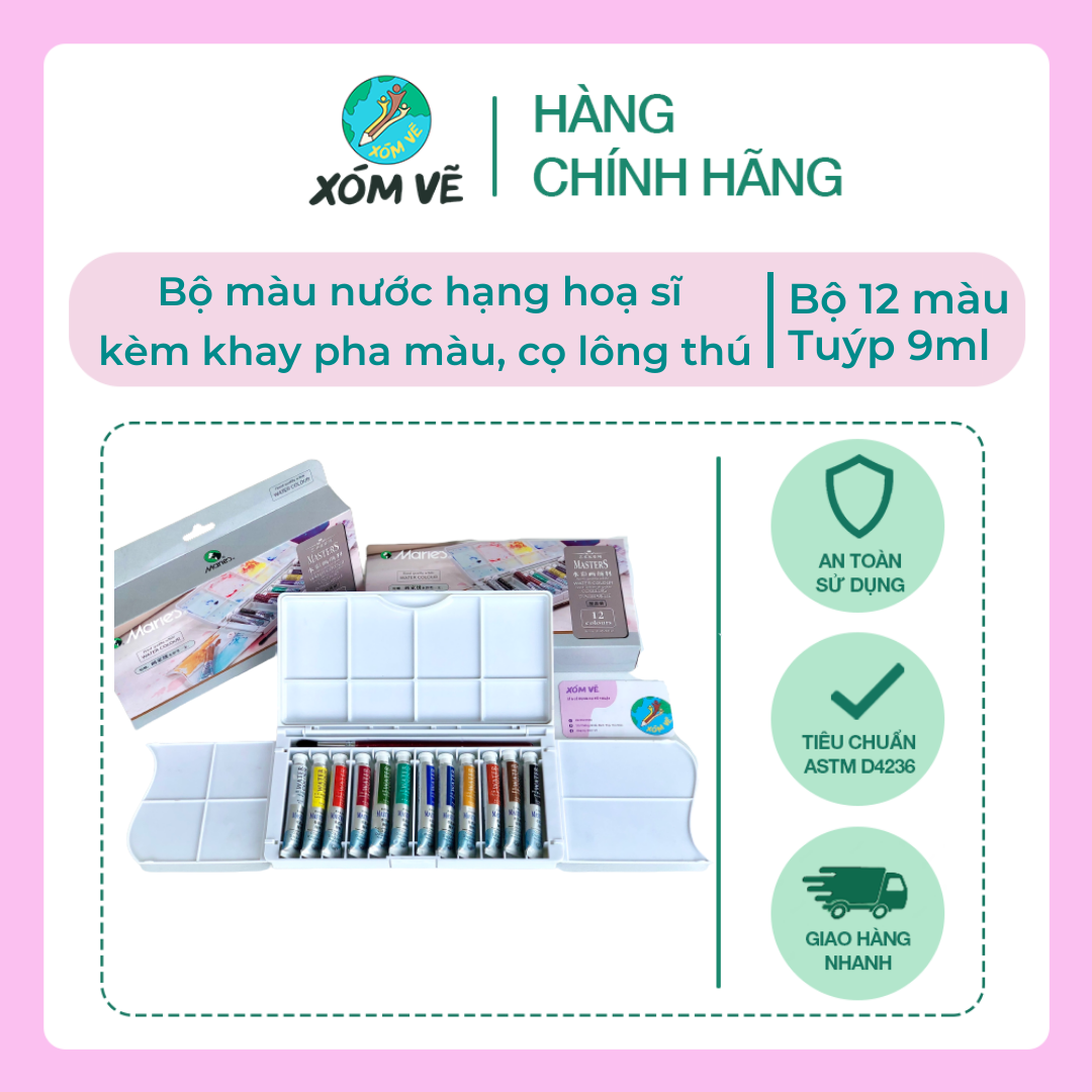 Màu nước họa sĩ bộ 12 màu tuýp 9ml kèm khay đựng