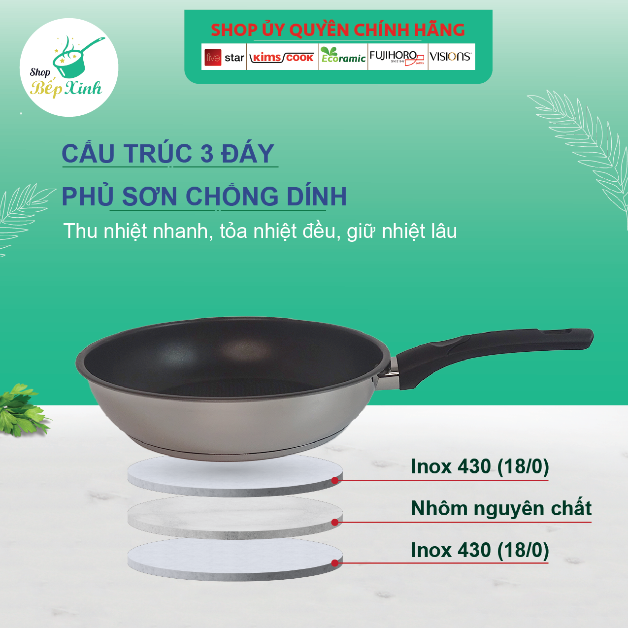 Chảo chống dính 3 đáy inox 430 Fivestar Standard bếp từ ( 16cm /20cm / 22cm/ 24cm /26cm /28cm )