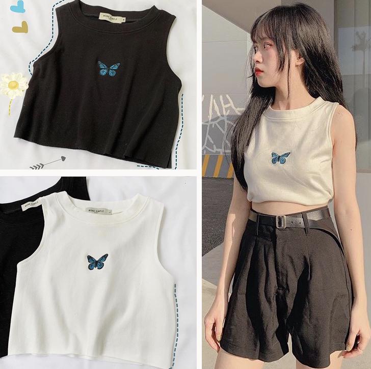 Áo croptop nữ 3 lỗ thêu bướm chất cotton mịn cực xinh