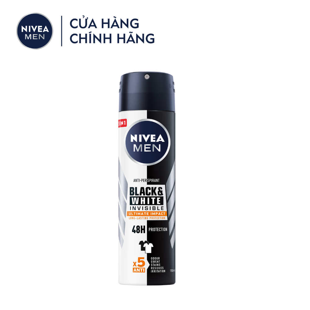 Xịt Ngăn Mùi NIVEA MEN Black & White Ngăn Vệt Ố Vàng Vượt Trội 5in1 - 85388