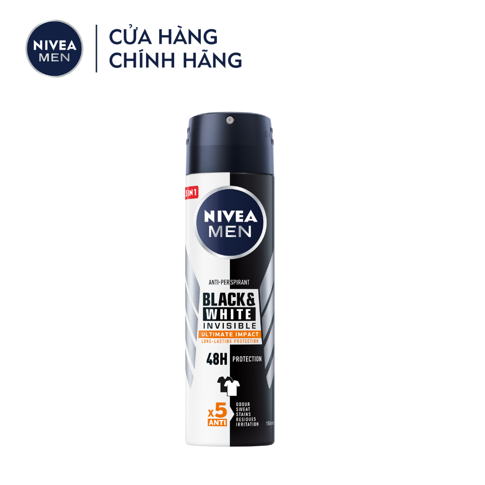 Xịt Ngăn Mùi NIVEA MEN Black & White Ngăn Vệt Ố Vàng Vượt Trội 5in1 (150ml) - 85388