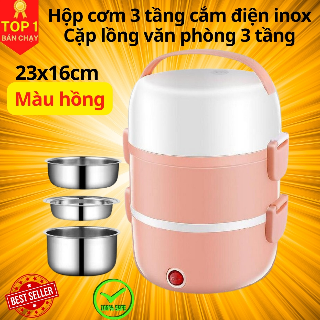Bộ Hộp Cơm Giữ Nhiệt Văn Phòng Cao Cấp Cắm Điện inox 3 tầng – Chính Hãng – Hộp cơm 3 tầng HỒNG