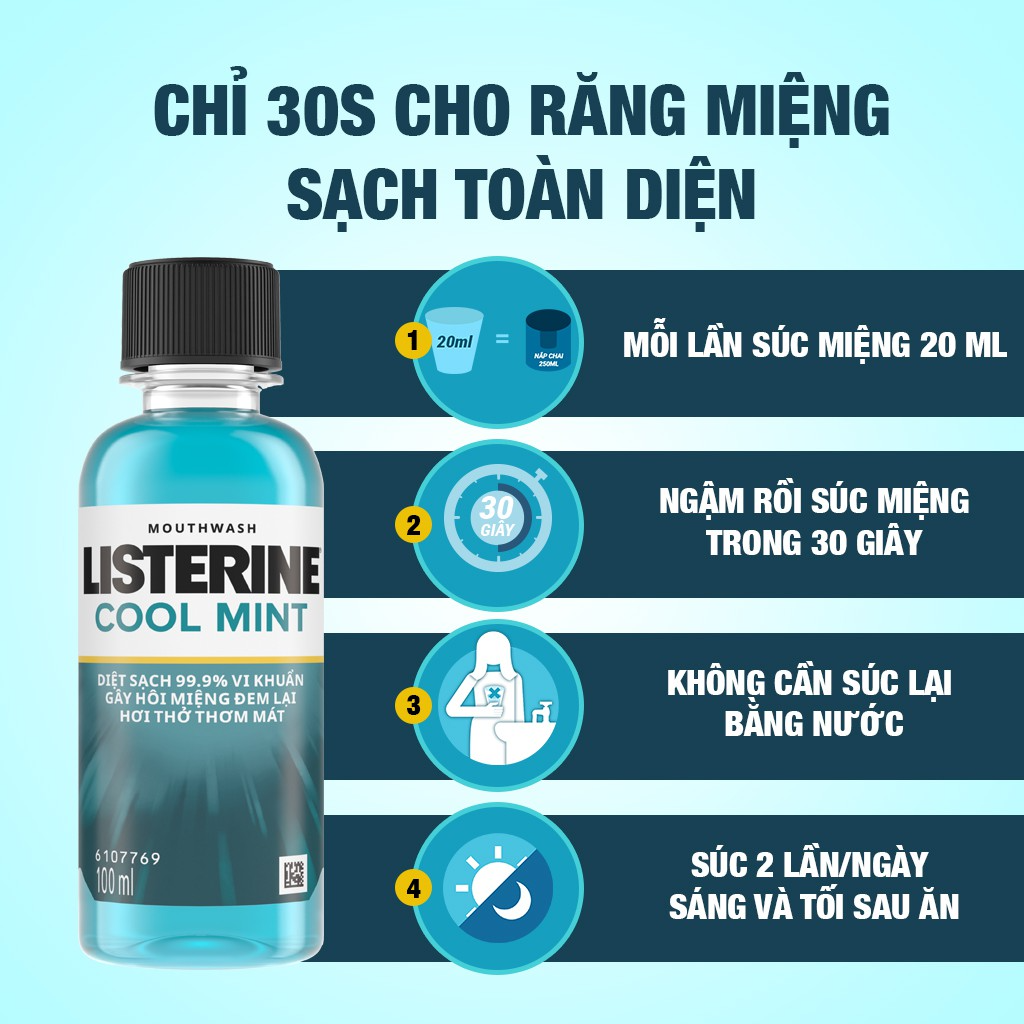Bộ 6 Chai Nước Súc Miệng Giữ Hơi Thở Thơm Mát Listerine Cool Mint - Dung tích 100ml/chai