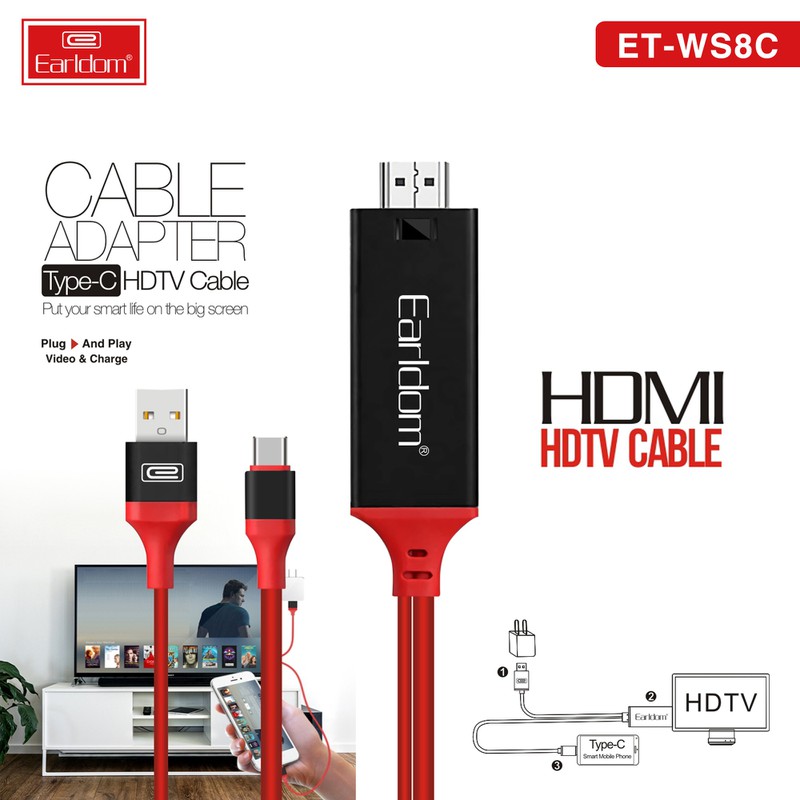 Cáp chuyển USB Type C sang HDMI 4K Earldom WS8C dài 2m (Iphone/Ipad to HDMI) - Hàng Chính Hãng