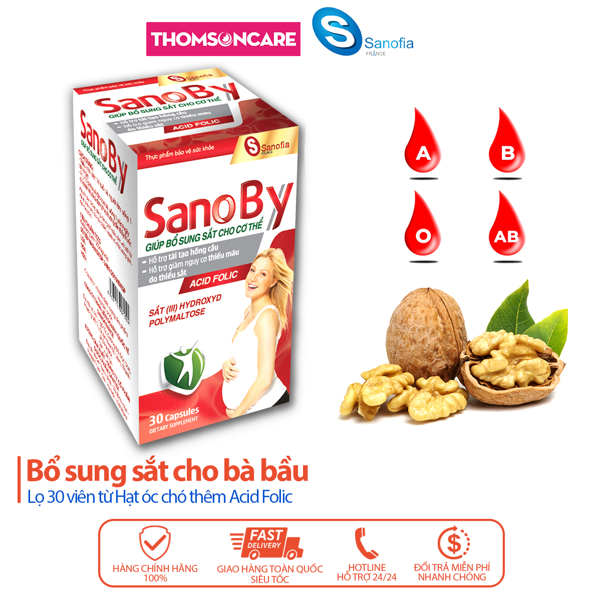 Sắt cho bà bầu Sano By (Dạng lọ 30 viên) - giúp bổ máu cho bà bầu, giúp thai nhi phát triển não bộ từ hạt óc chó - Thomsoncare