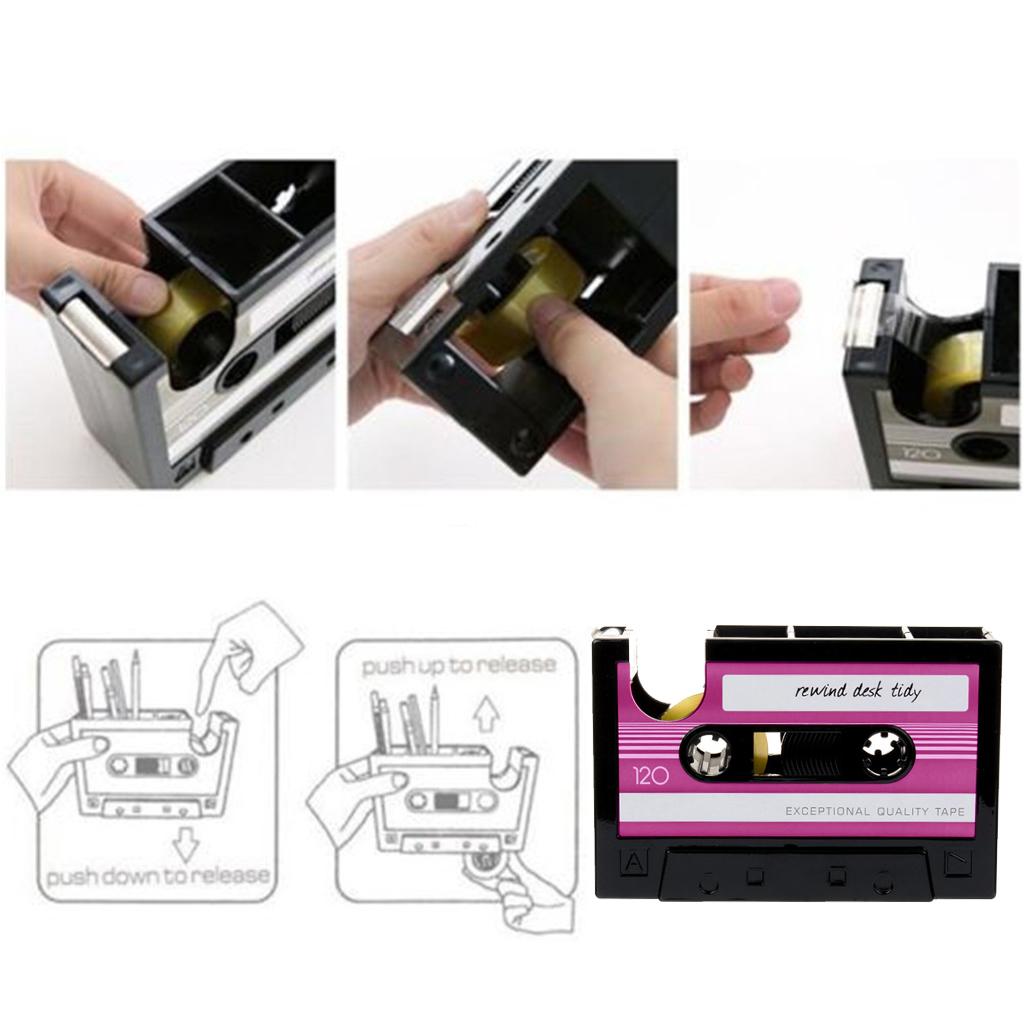 Vintage Cassette Style Tape Dispenser Pen Holder Pencil Container Stationery Organizer Tape Cutter