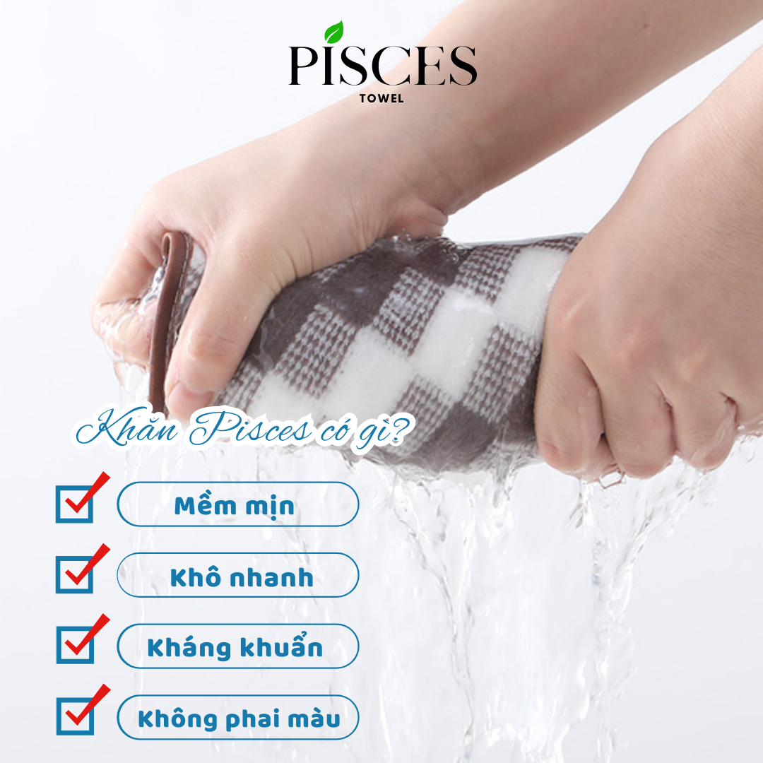 Khăn Mặt PISCES TOWEL 35x75cm Caro Cotton Mềm Mại, Khăn Spa Yoga Gym Thể Thao Thấm Hút Mồ Hôi - Xanh ngọc, Xanh ngọc