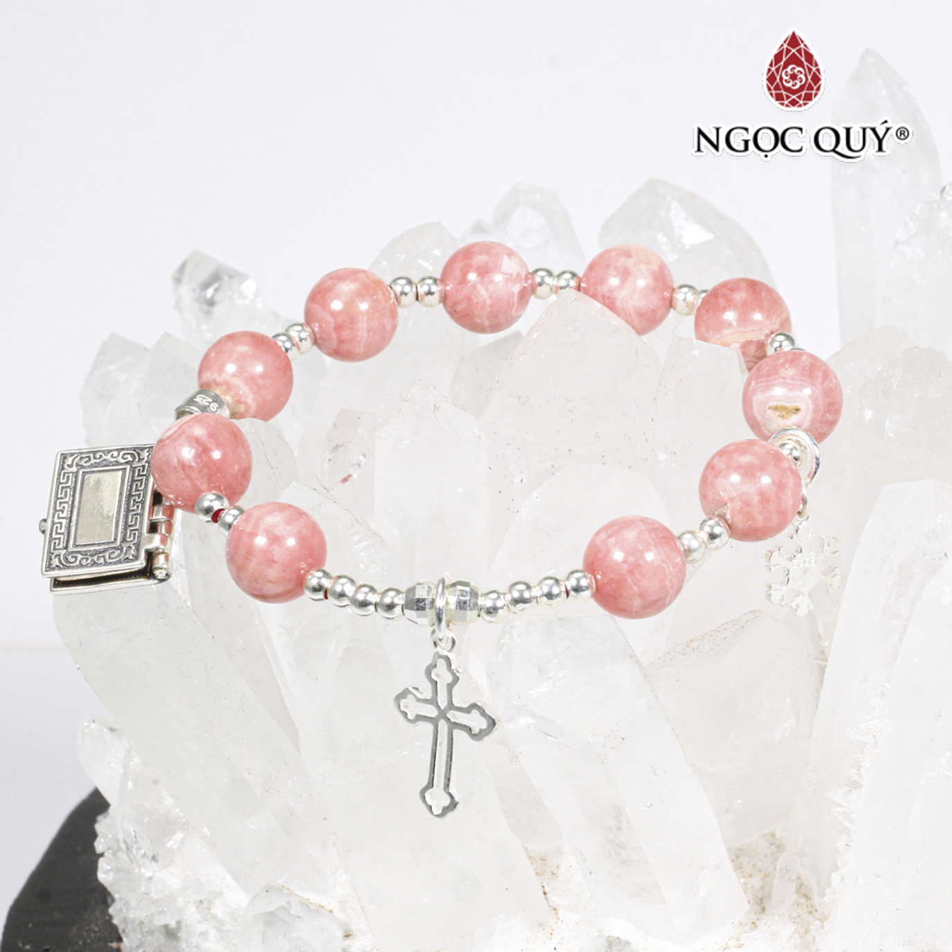 Vòng tay mân côi đá đào hoa rhodochrosite charm thánh giá bạc mệnh hỏa , thổ - Ngọc Quý Gemstones