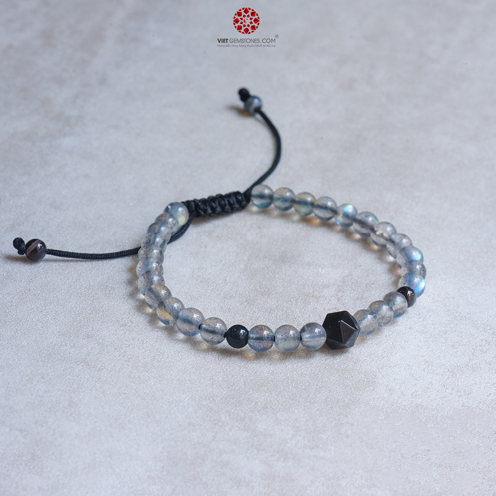 Vòng mala Mặt Trời Đen 6mm mix Obsidian và charm bạc Thái | Hợp mệnh Thủy, Mộc | Đem lại may mắn- bình an| VietGemstones