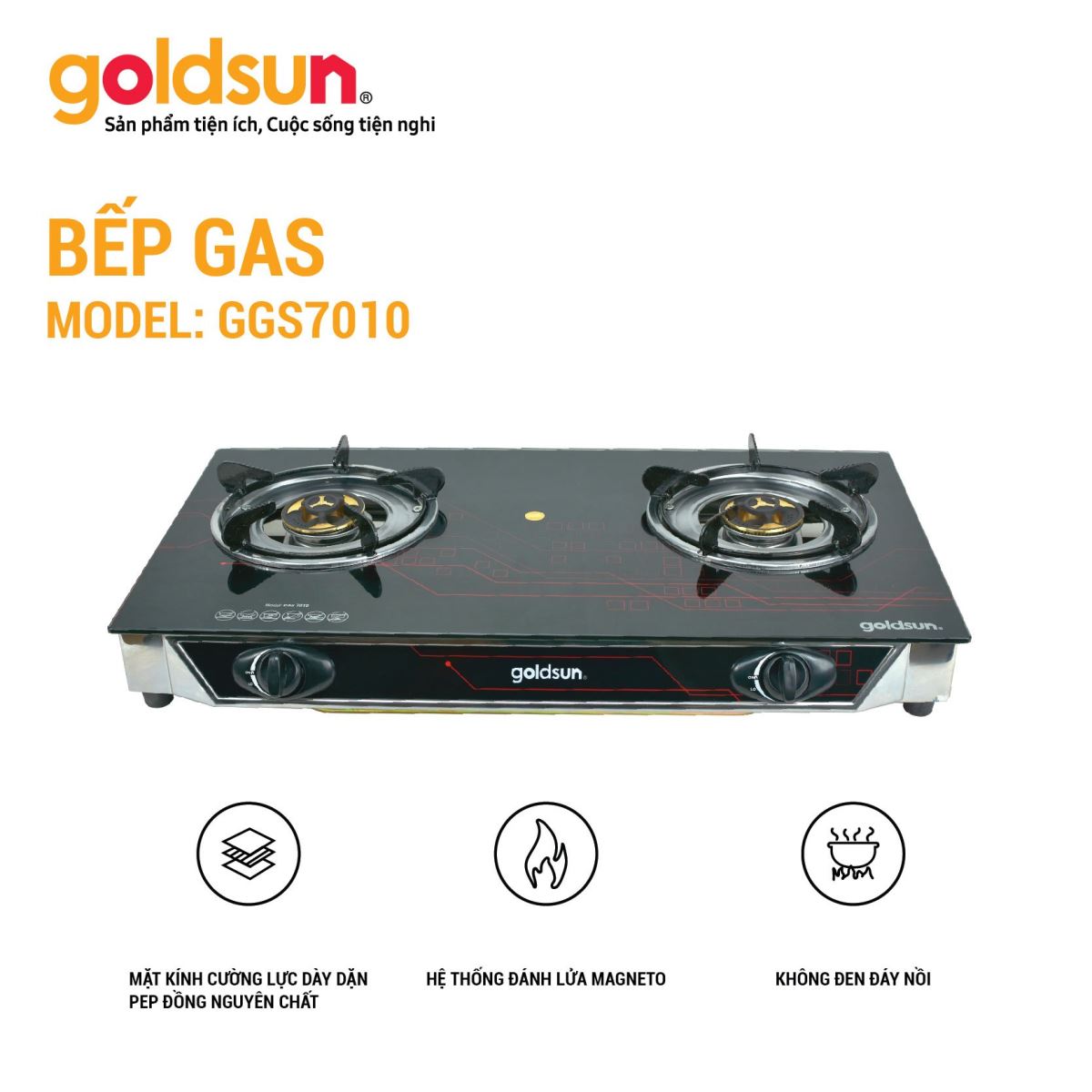 Bếp Ga Đôi GOLDSUN GGS7010 Mặt Kính Cường Lực Đánh Lửa Magneto - Hàng Chính Hãng