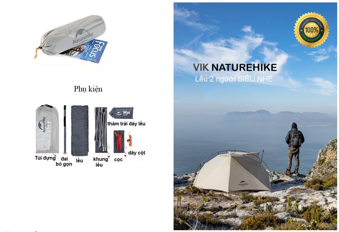 Lều 2 người siêu nhẹ NatureHike VIK 2 NH19ZP003-1 chính hãng, chống nước, chống gió, dễ dàng lắp đặt