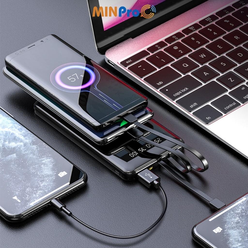 Pin sạc dự phòng 20000mAh hình chữ nhật mini, nhỏ gọn, tặng kèm dây cáp 3 đầu và có miếng đỡ điện thoại - MINPRO