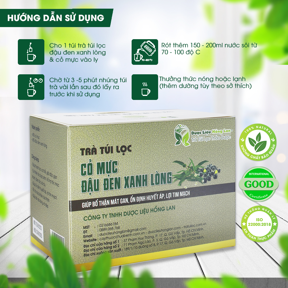 Trà Túi Lọc Cỏ Mực (Nhọ Nồi) &  Đậu Đen Xanh Lòng 60g (20gói x 3g) Dược Liệu Hồng Lan