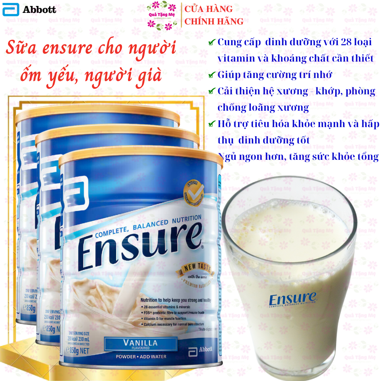 Sữa Ensure Úc hồi phục sức khỏe cho người già, người ốm yếu, suy dinh dưỡng, người sau phẫu thuật - QuaTangMe Extaste