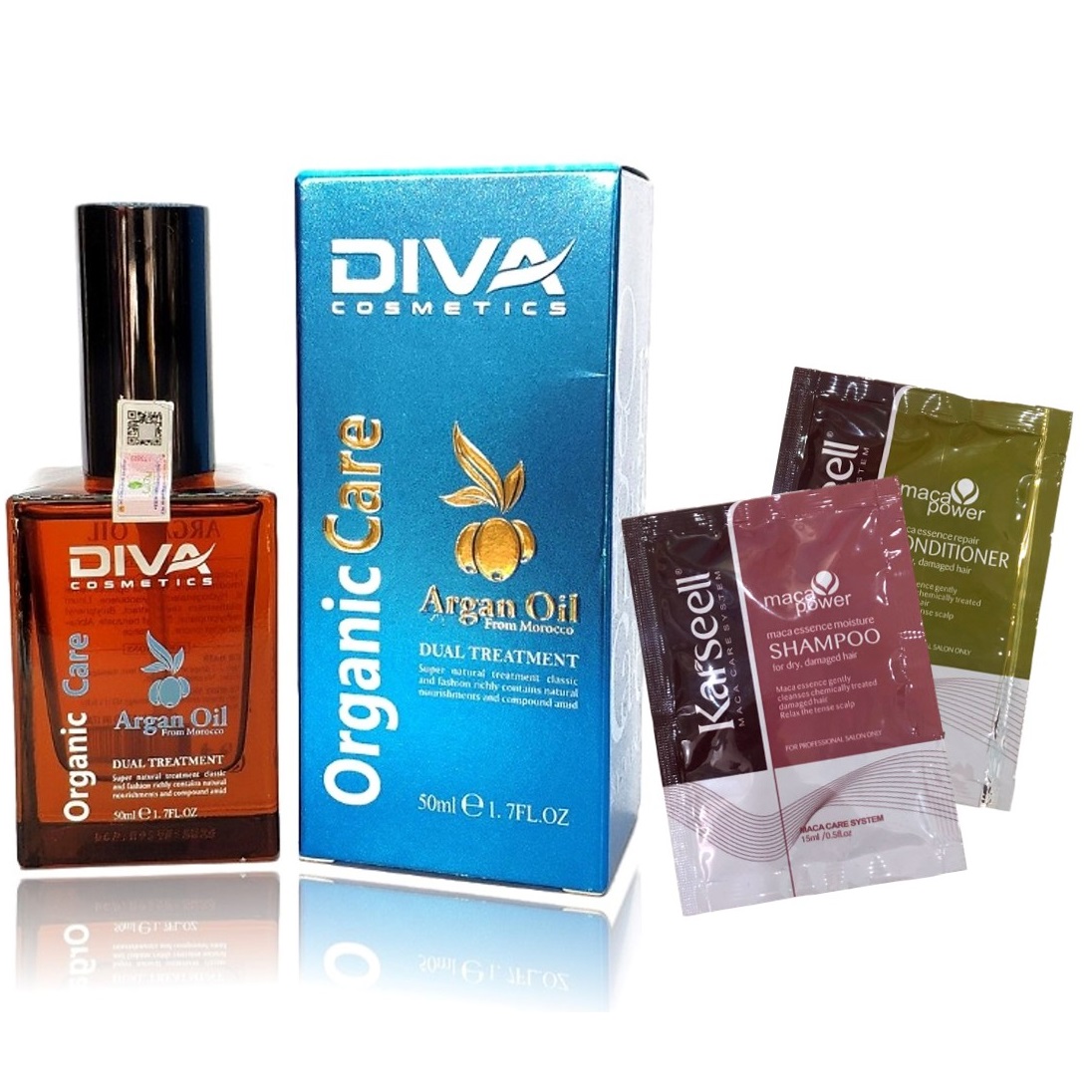 Tinh dầu dưỡng tóc DIVA Cosmetics Argan Oil 50ml + Cặp dầu gội xả gói Karseell Maca siêu mượt 15mlx2