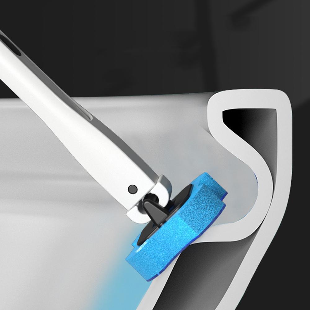 Disposable Toilet Brush Set Includes Holder, Long Handle, 5 PCS Washable Replaceable Brush Head with Preload Detergent, Bathroom Scrubber Clip Type Toilet Cleaning Brush