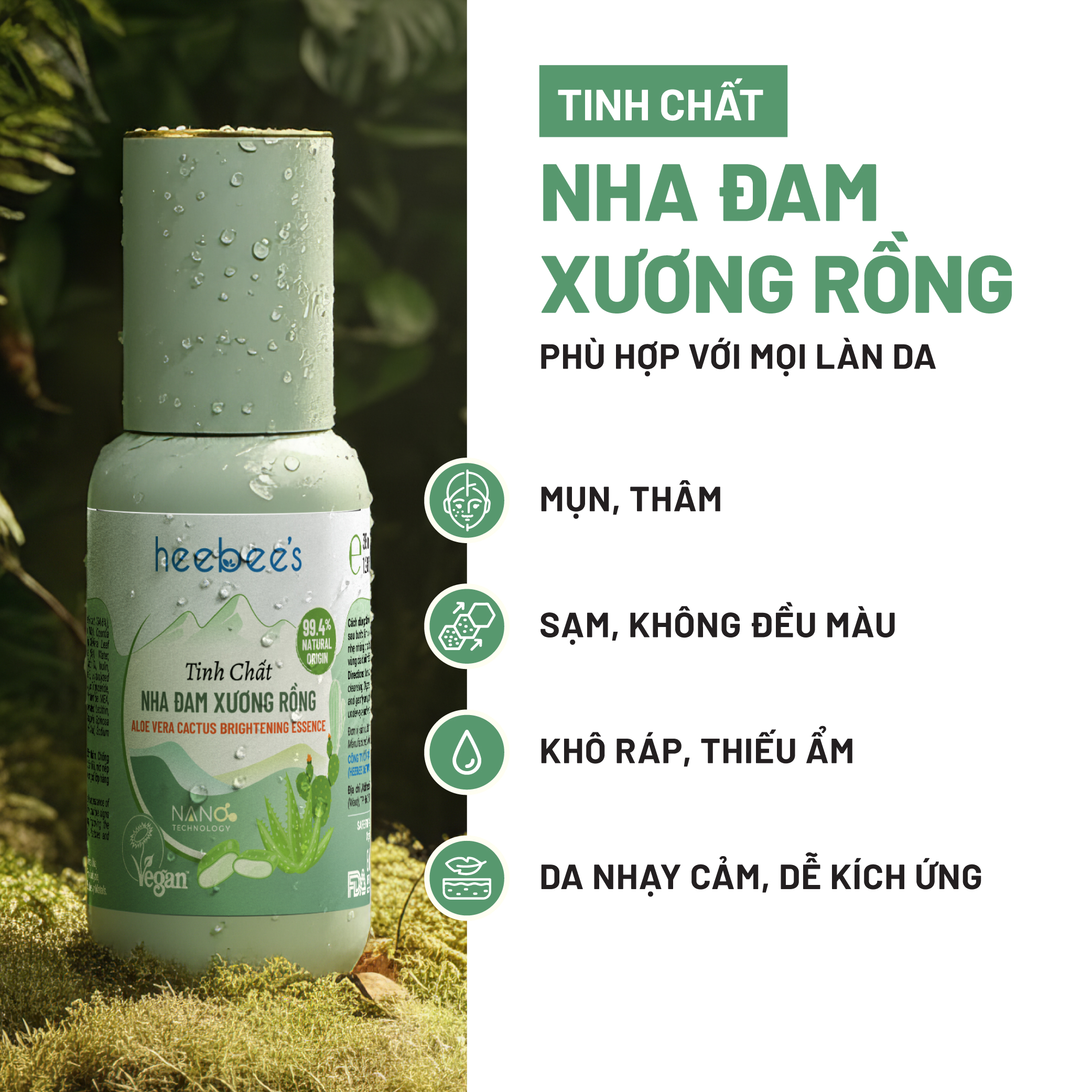 Tinh Chất Serum Thuần Chay Nha Đam Xương Rồng Heebee’s Aloe Vera Cactus Brightening Serum Dưỡng Trắng, Cấp Ẩm, Trị Mụn, Se Khít Lỗ Chân Lông, Ngừa Lão Hóa 38ml