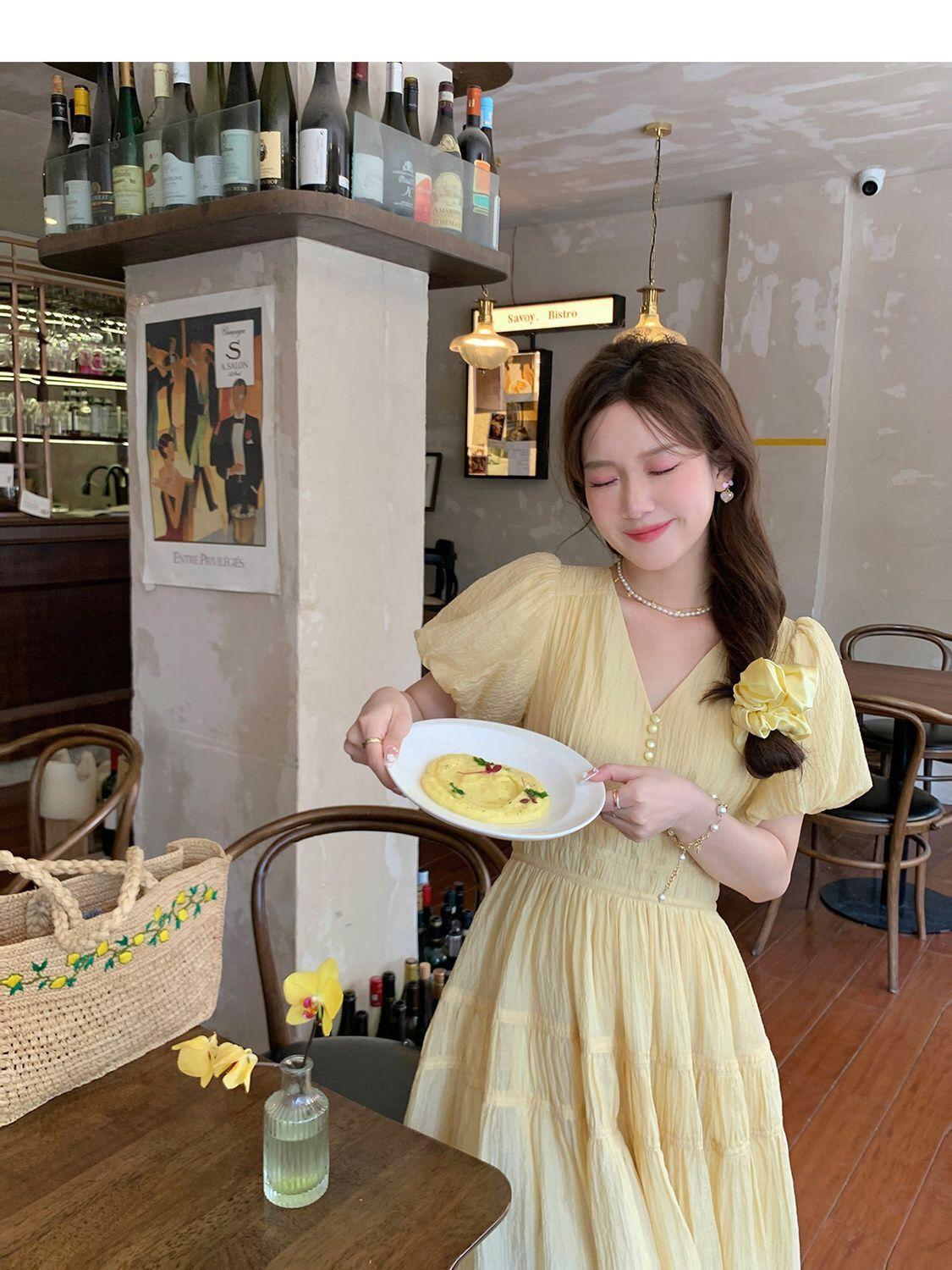 TOBE1SHOP DbyDoi Pháp Vintage dịu dàng gió hiển thị gầy v-cổ tiên nghỉ mát gió váy đầm đầm dài cho trẻ em mùa hè