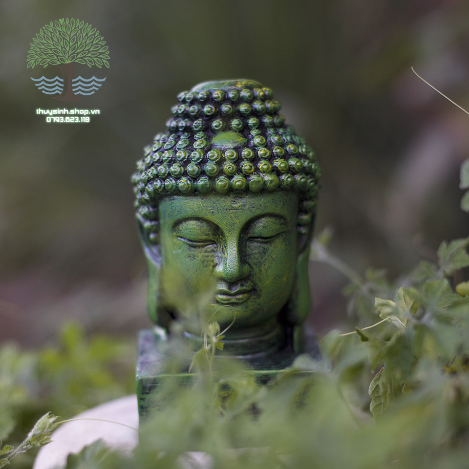 Diện Phật Thích Ca màu xanh rêu cao 15cm trang trí hồ cá, thuỷ sinh, tiểu cảnh, bán cạn, terrarium