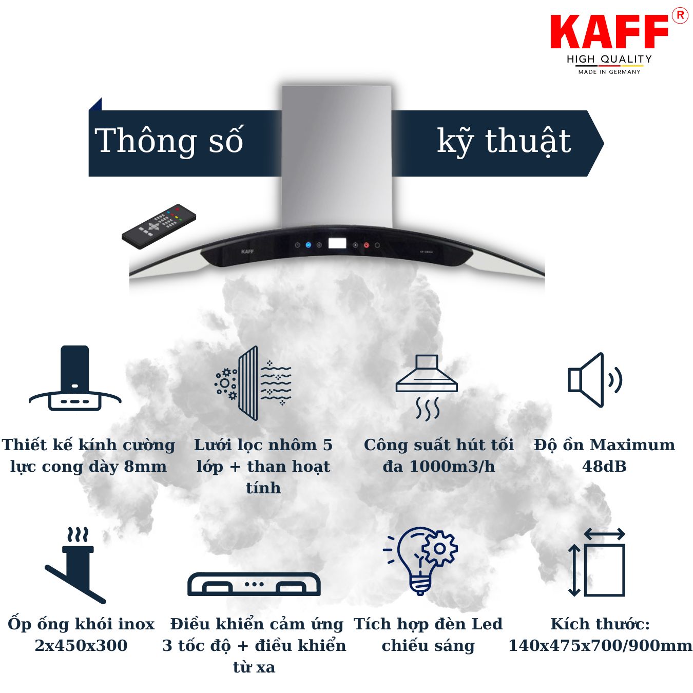 Máy hút mùi kính cong cảm ứng _ điều khiển từ xa 700mm KAFF KF_GB702 Tặng bộ lọc than thay thế _ Hàng Chính Hãng