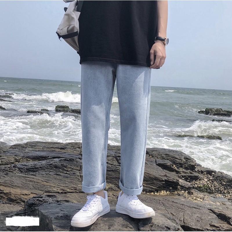 Quần jean baggy nam trơn xanh ống suông rộng mã TR03 style hàn quốc