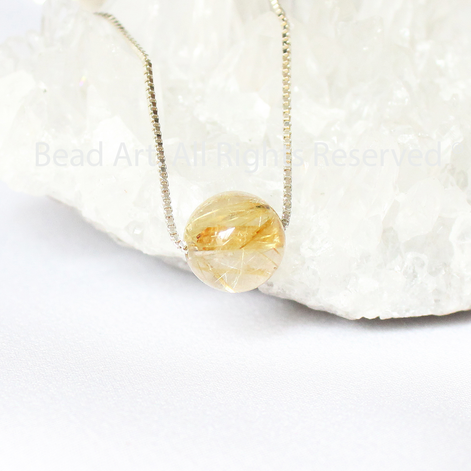 Dây Chuyền 9MM Thạch Anh Tóc Vàng Tự Nhiên, Golden Rutilated Quartz Và Bạc 925, Thổ, Kim, Vòng Cổ, Đá Phong Thuỷ - Bead Art